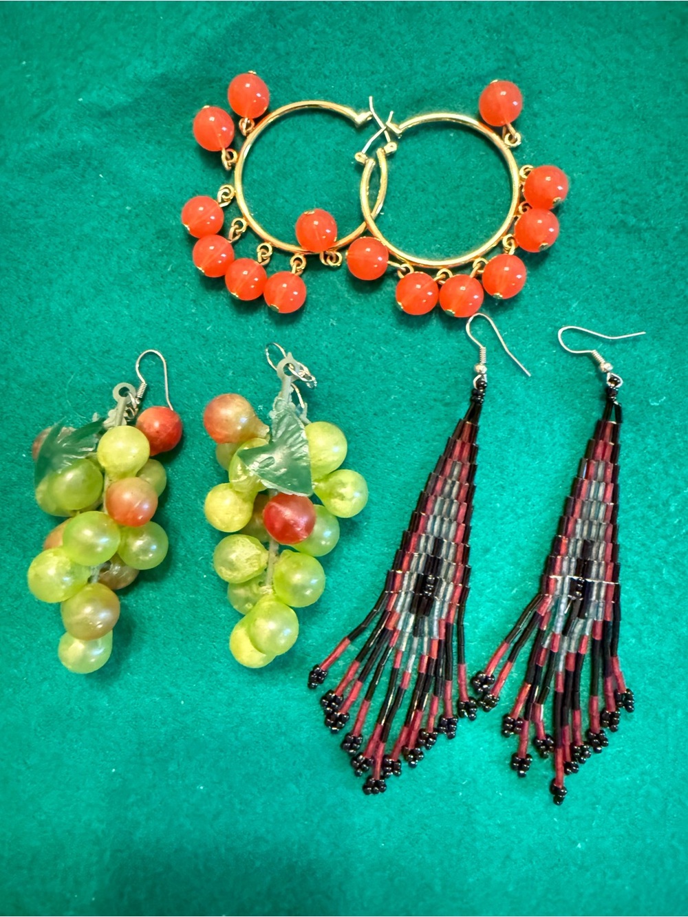Gold Hoop Earrings with Coral Bead Drops 3 pairs